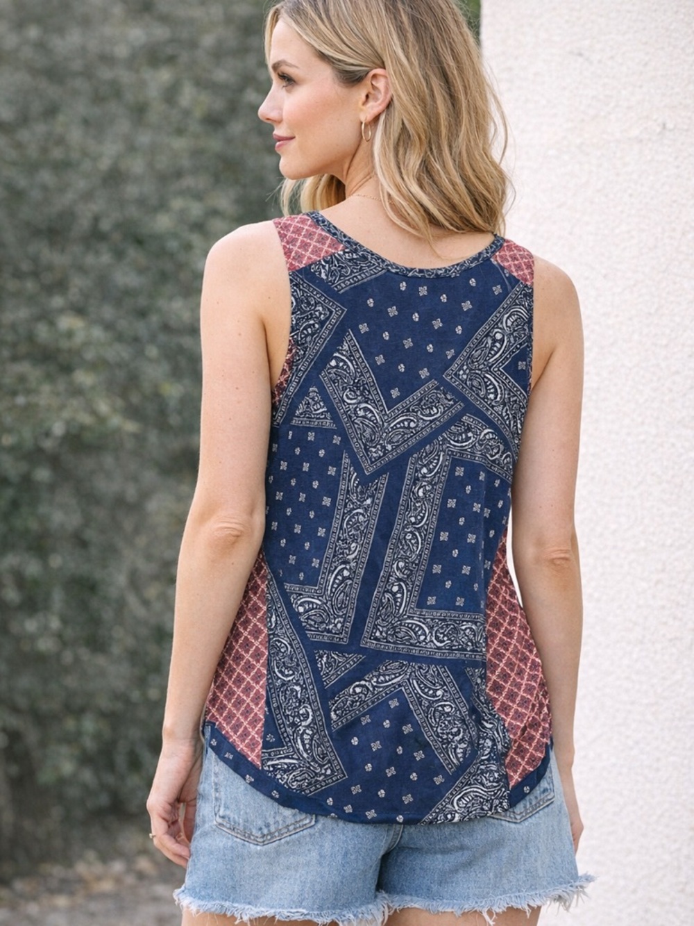 Anthro One September Mixed Print Tank Top Boho Bandana Patchwork Red Blue Sz M * - Picture 2 of 13